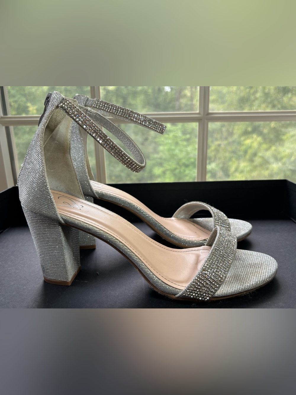 Silver Rhinestone Block Heel Sandals - Women